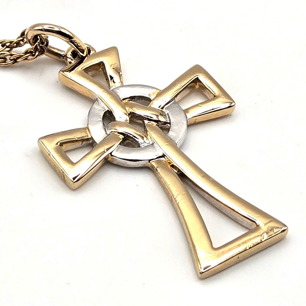 Solvar Celtic Cross Necklace Two Tone Gold Silver Tone Rope Chain Barrel Clasp